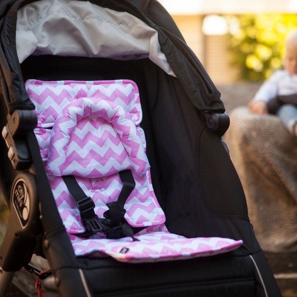 Pram Liner with built in head support - Pink Chevron - Outlook Baby