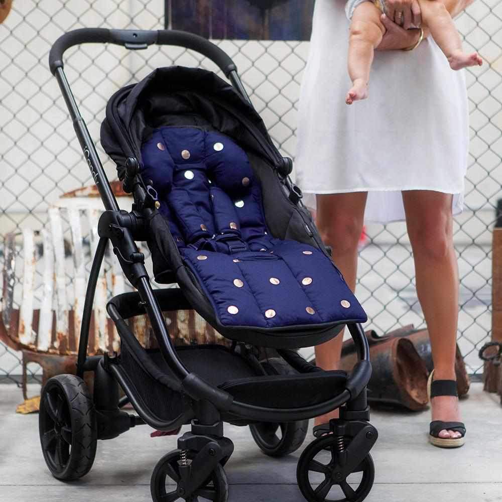 Foil Print Pram Liner - Navy/ Silver Giraffes/Spots - Outlook Baby